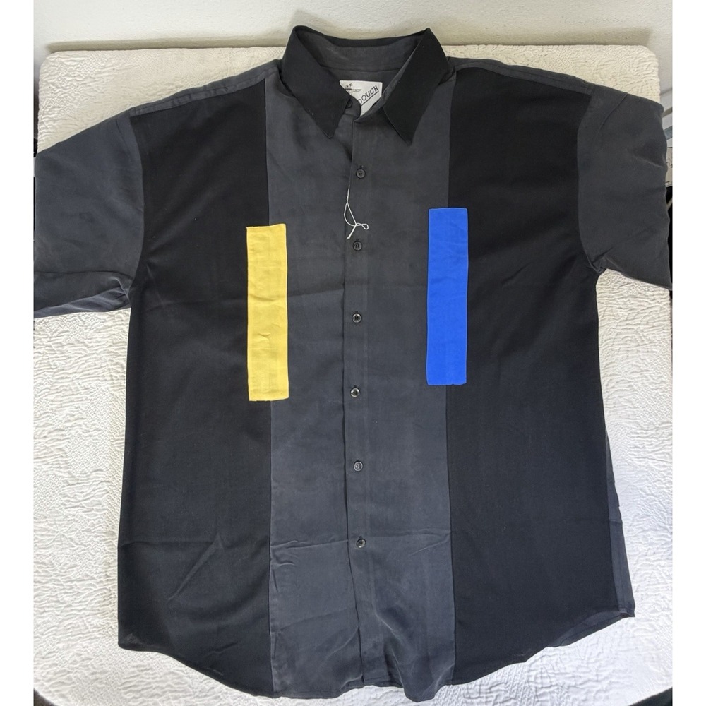 Goouch Vintage Black Colorblock Short Sleeve 100% Silk Shirt Men's Size XL